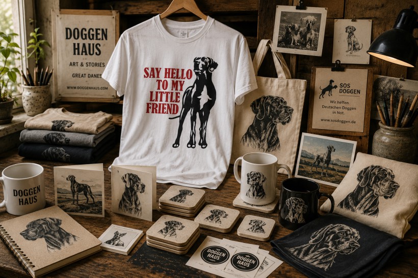 DoggenHaus product overview with Great Dane shirts, cards, coasters and printed goods